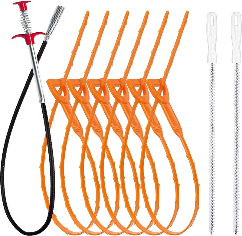 KeyFar 35.5inch Drain Clog Remover(1pcs), 25inch Drain Snake Hair Remover(6pcs) ＆ Cleaning Brush(2pcs), Hair Catcher Drain Auger Cleaner Tool Set For Toilet, Kitchen Sink, Bathroom Tub, Sewer, 9 Pack - Image 1
